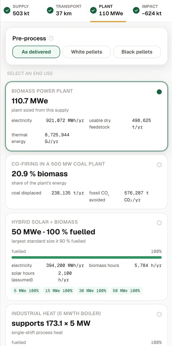 Plant tab comparing a 110.7 MWe biomass power plant, co-firing at 20.9 percent in a 500 MW coal plant, and a 50 MWe hybrid solar and biomass plant