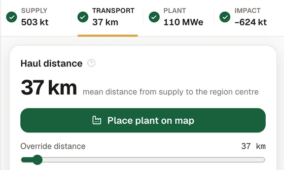 Transport tab: 37 km haul, 678 kL diesel, $1,627,655 fuel cost, 2,293 t transport CO2e and 22,822 truck loads a year