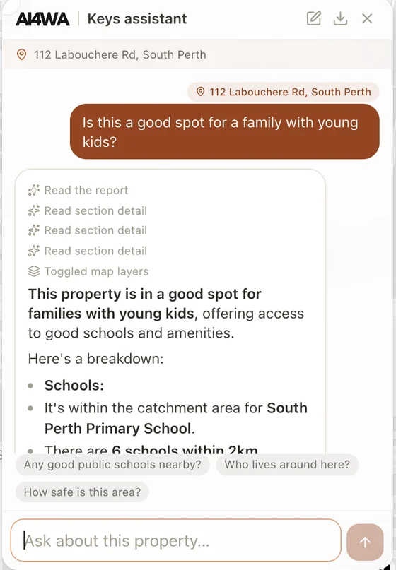 The Keys assistant answering whether 112 Labouchere Rd is a good spot for a family with young kids, after reading the report and turning on map layers
