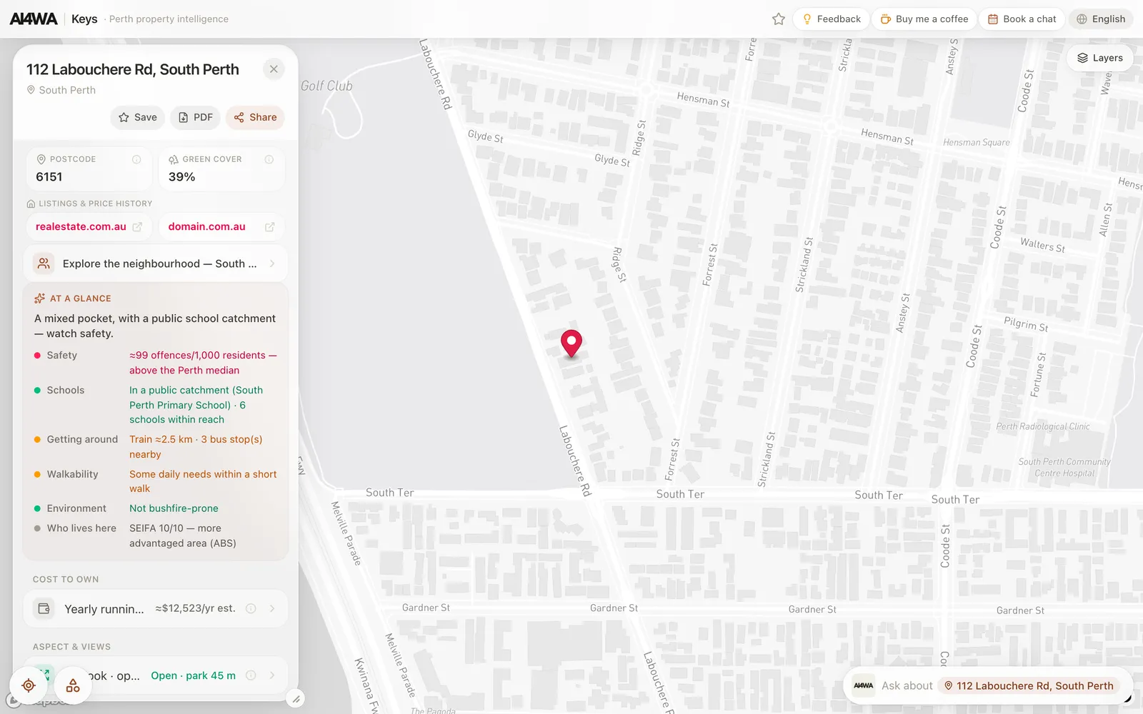 Keys showing the report for 112 Labouchere Rd, South Perth: postcode, green cover, schools, safety, transport and an at-a-glance summary next to the map