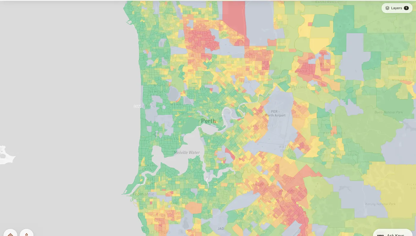 Map of Perth coloured by ABS socio-economic advantage, from red to green