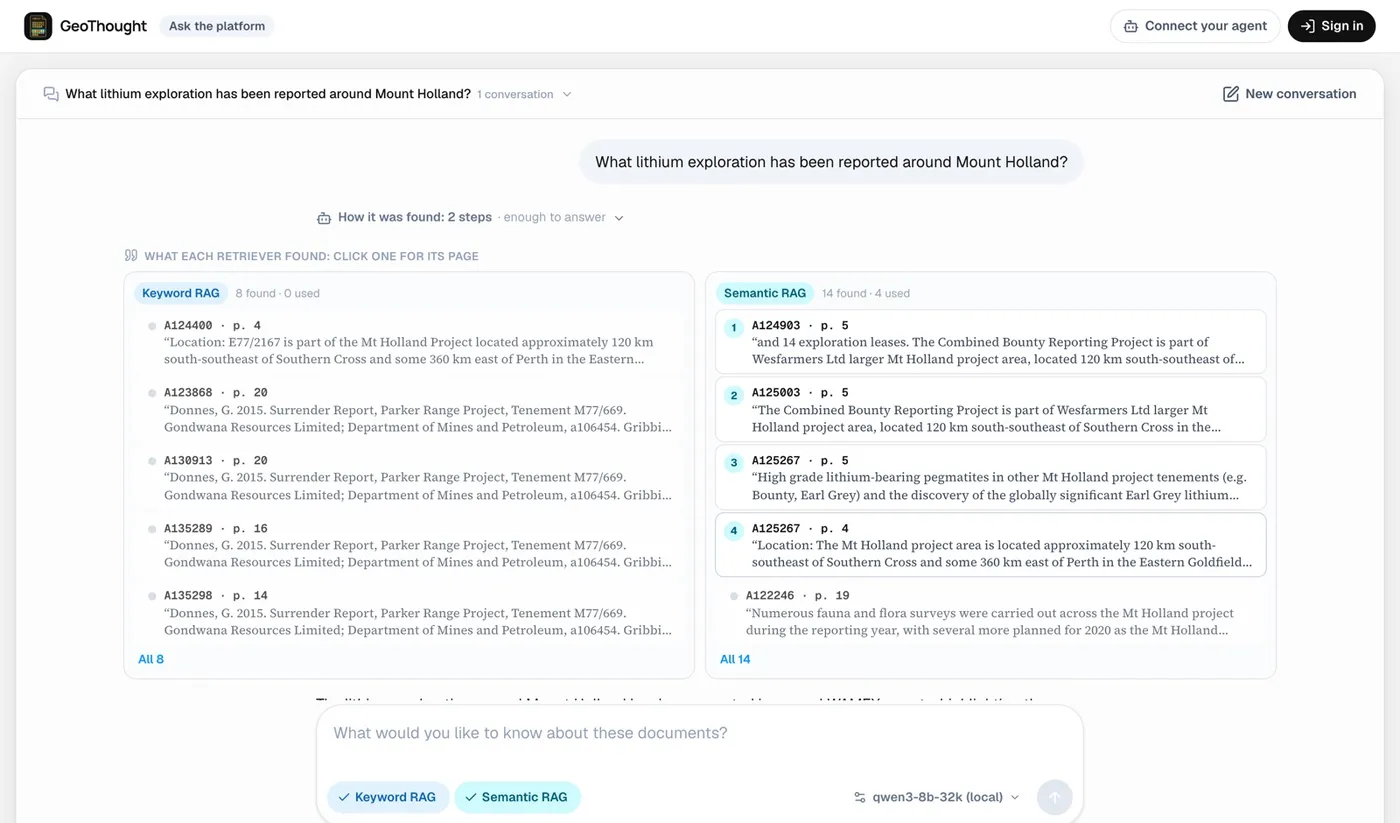 The ask view: a question about lithium near Mount Holland, with the passages found by keyword search and by semantic search listed side by side, each with report number and page