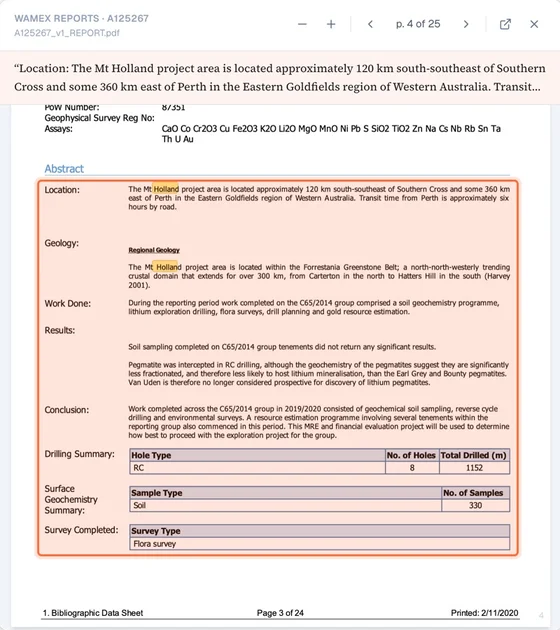 A page of an open-file WAMEX report with the passage that answers the question outlined and highlighted